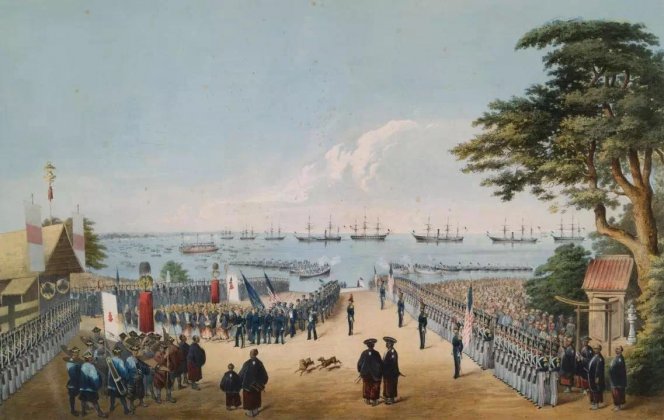 佩里将军随行画家Wilhelm Heine的作品，描述佩里登录横滨港的情形