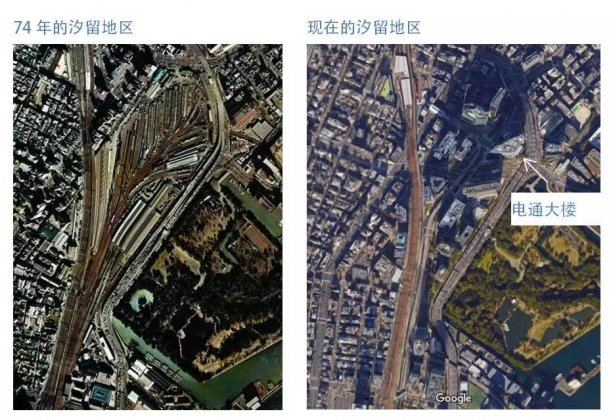 汐留位于东京的东南部，曾经密布铁轨，如今已经起了高楼