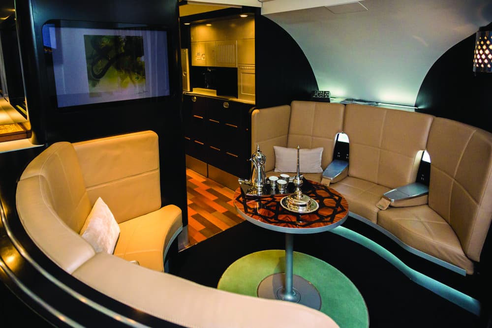 ABU DHABI, UAE - FEBRUARY 8, 2015: A luxurious lobby is available in the upper deck of the new A380. Etihad Airways is greatly inspired and influenced by the high hospitality industry standards.